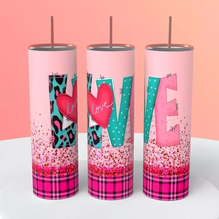 Love Cute Letters Teal Cheetah Plaid On A 20 Ounce Tumbler Insulated Coffee Cup