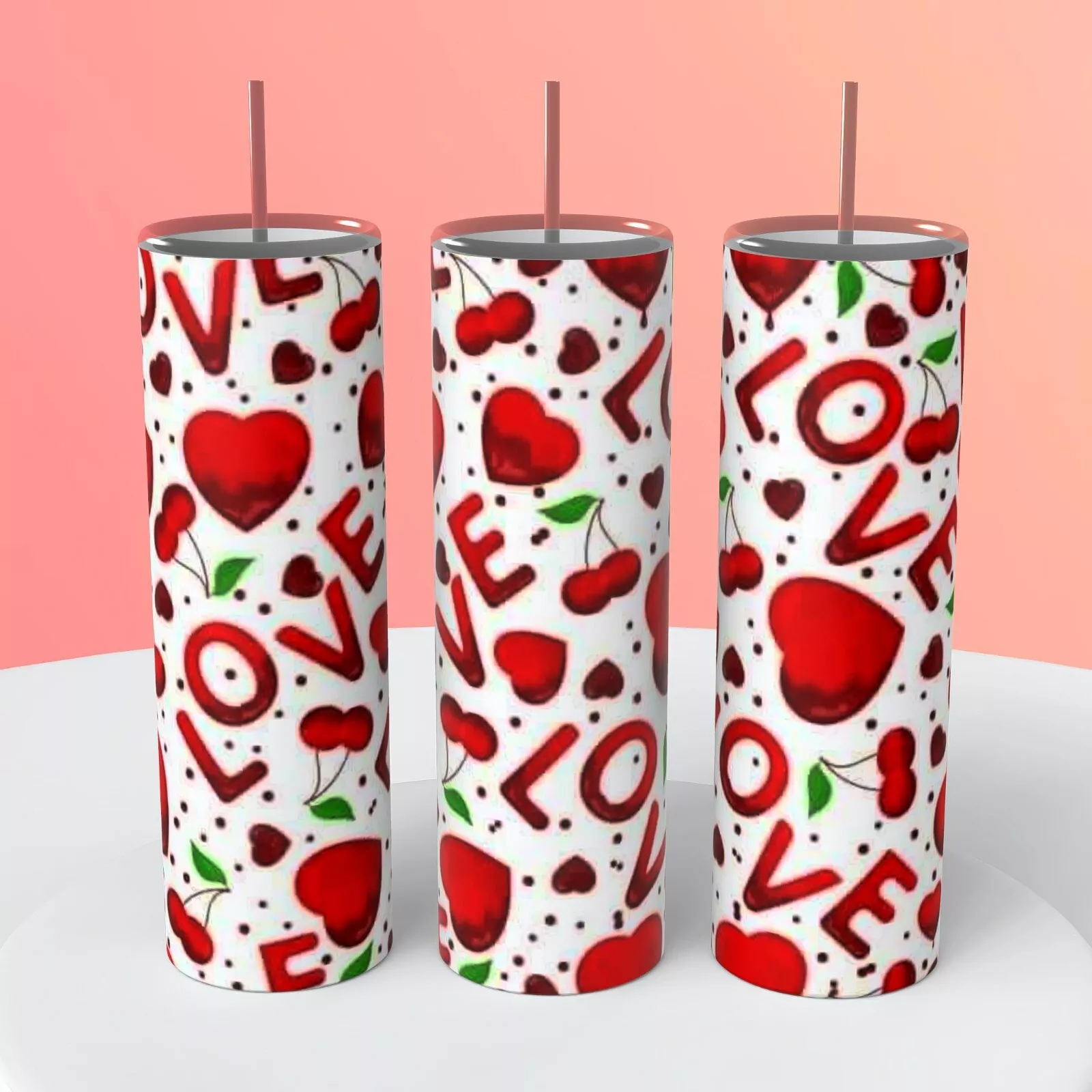 Red Cherries Hearts Valentine’s Love On A 20 Ounce Tumbler Insulated Coffee Cup