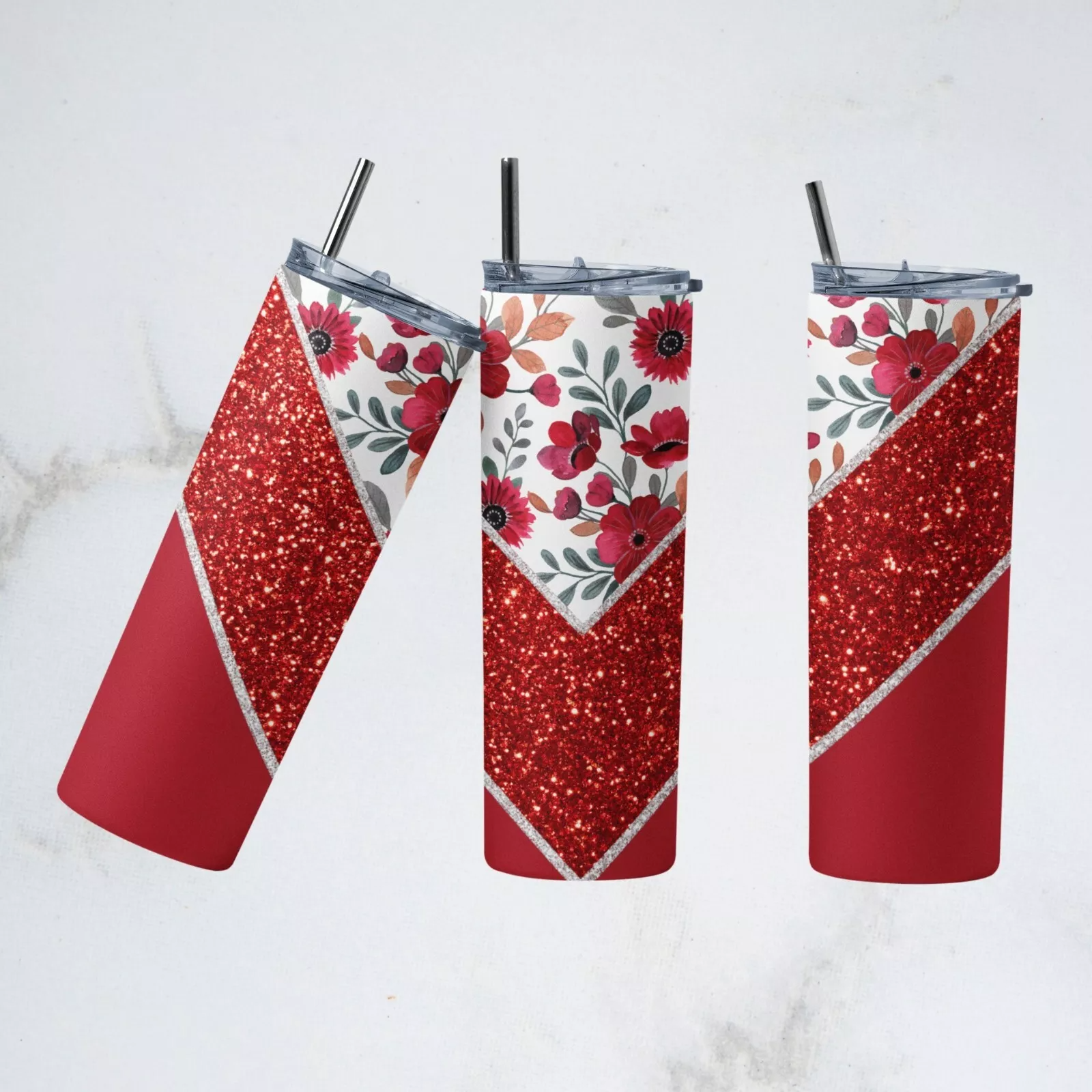 Red Floral Flowers Glitter Look On A 20 Ounce Insulated Coffee Cup