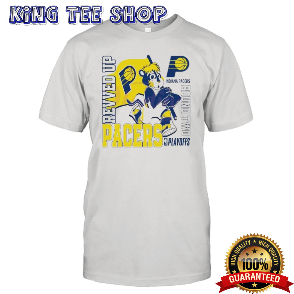 Adult Indiana Pacers 2024 Boomer Mascot Revved Up Playoffs Round Two Tee