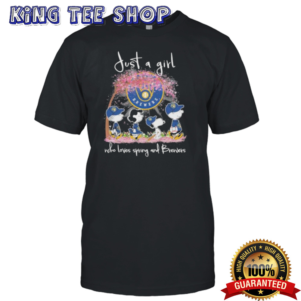 Official Peanuts Characters Walking Just A Girl Who Loves Spring And Milwaukee Brewers Shirt