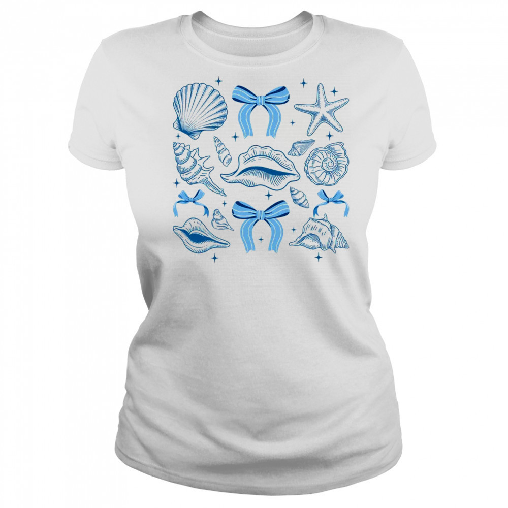 Blue Coquette Bow Seashell Retro Beach Summer Vibes Girls shirt Women's T-shirt
