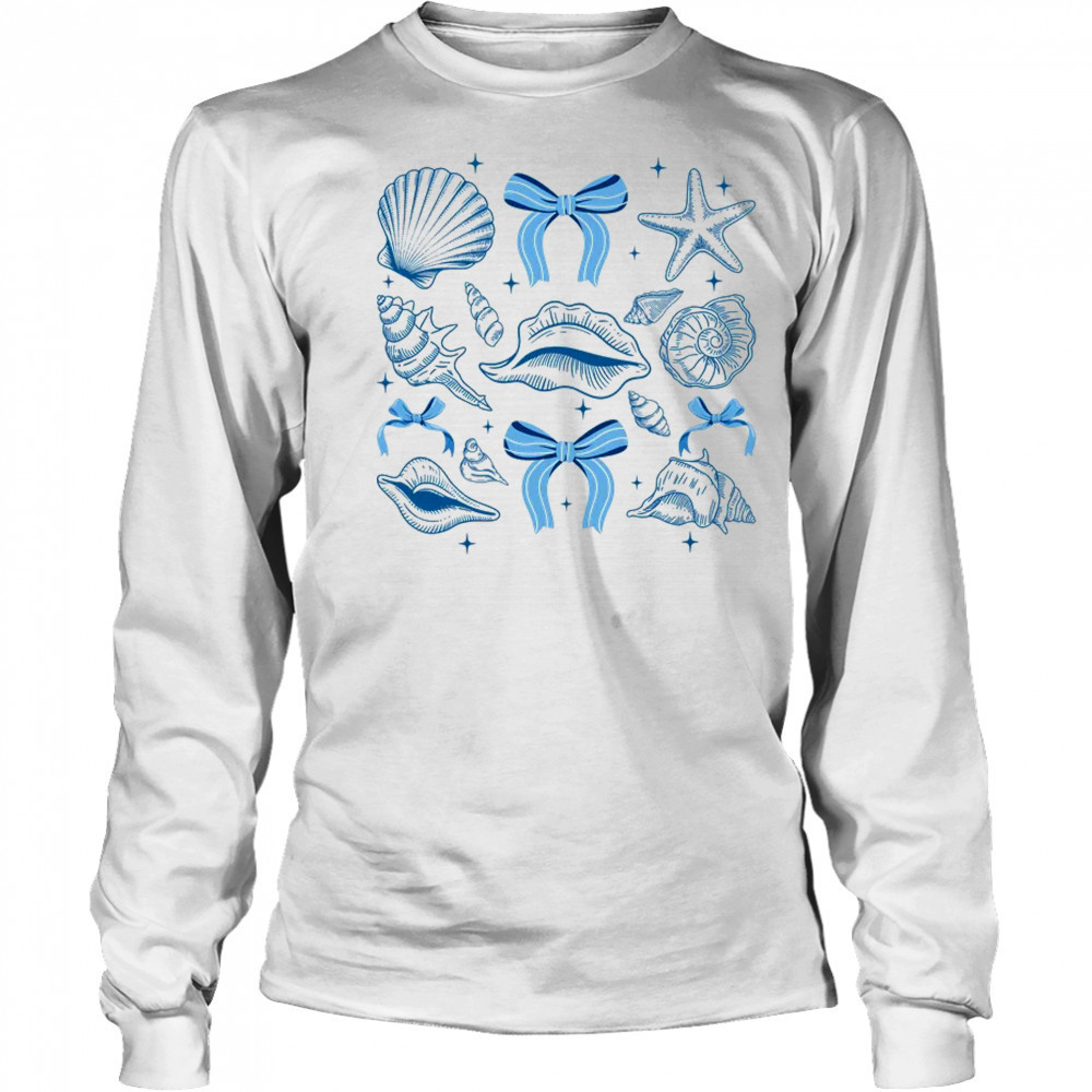 Blue Coquette Bow Seashell Retro Beach Summer Vibes Girls shirt Long Sleeved