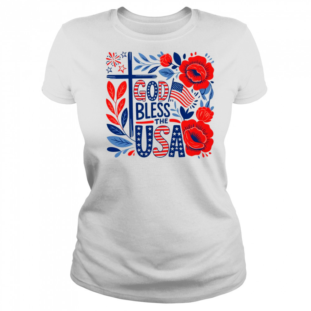 Retro Boho Floral God Bless The USA Christian 4th Of July shirt Women's T-shirt