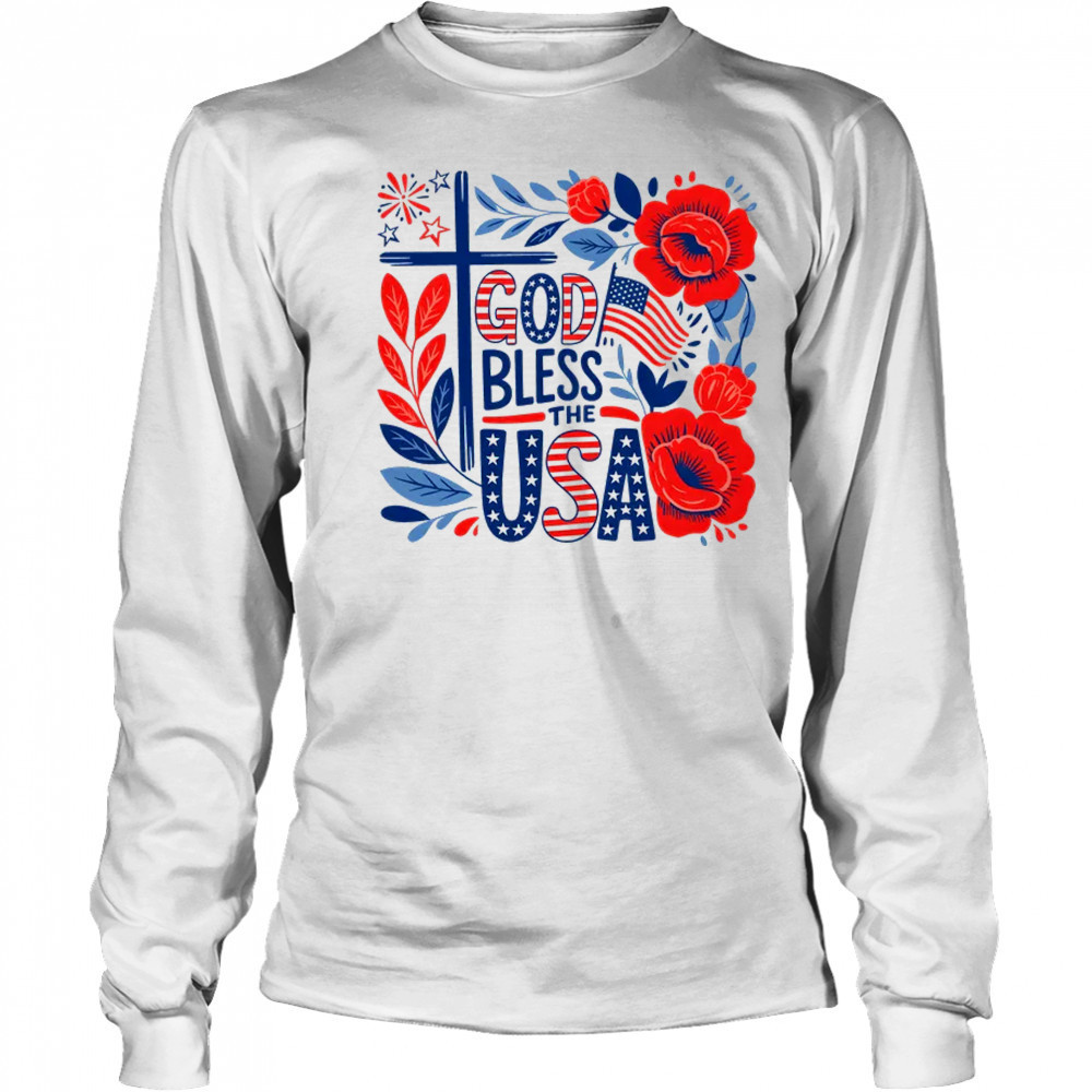 Retro Boho Floral God Bless The USA Christian 4th Of July shirt Long Sleeved