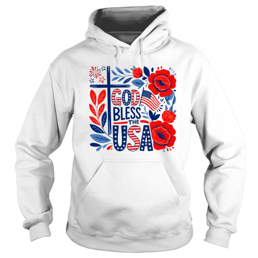 Retro Boho Floral God Bless The USA Christian 4th Of July shirt Hoodie