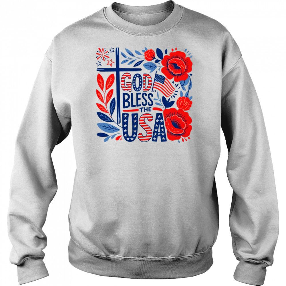 Retro Boho Floral God Bless The USA Christian 4th Of July shirt Sweatshirt