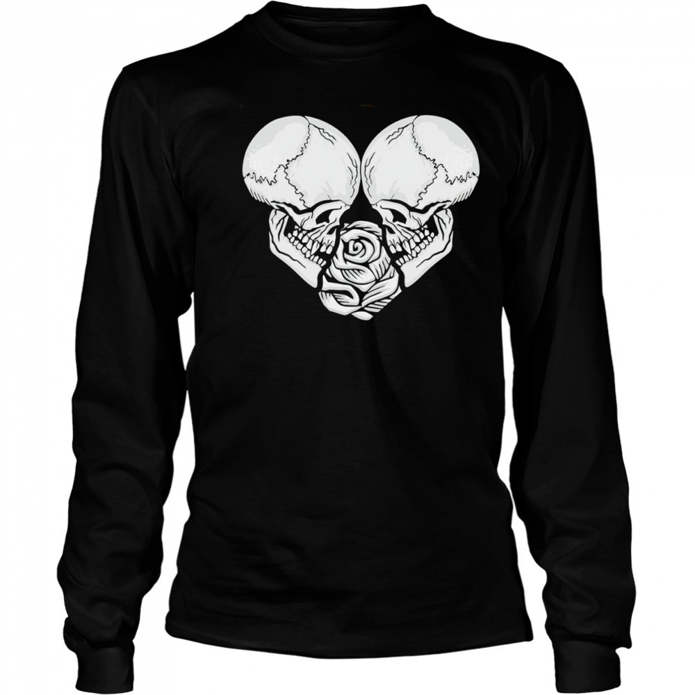 Two Skulls a heart and rose Gothic Goth Love shirt Long Sleeved